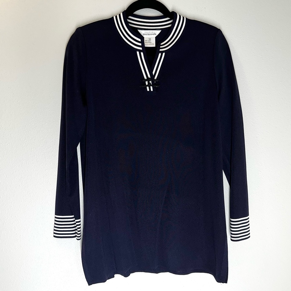MISOOK Deep Navy Pullover Sweater Knit Nautical Trim Bow Neck Detail Size XS